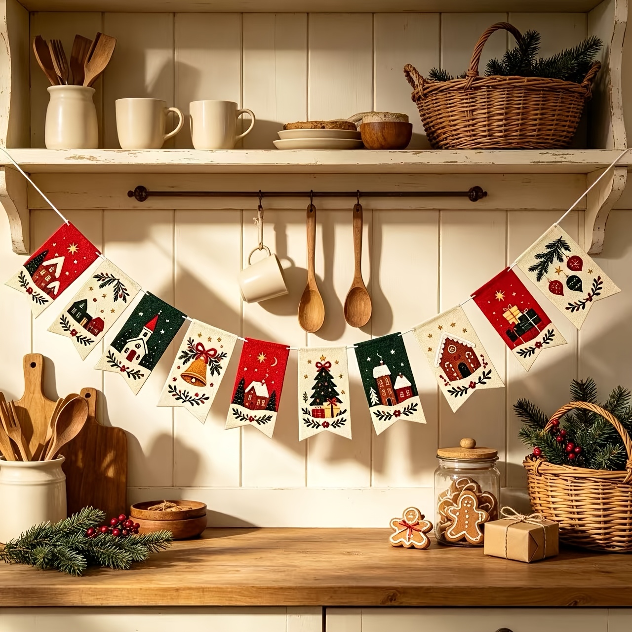 TEMU 10pcs Felt Christmas Banner Decorations With Suitable For Winter/christmas/holiday Party Garland - Felt Wall Hanging Flags For Fireplace Mantel,