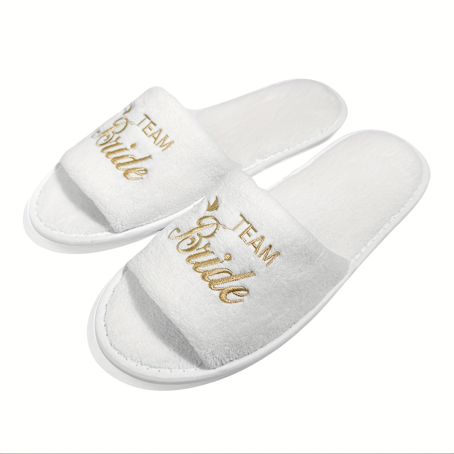 Image of Bridal Party Slippers Set, With Golden Embroidery, Lightweight Plush , Home Slip On Shoes, For Bride & Bridesmaid, Mothers Of The Groom And Bride, Wedding Party Guests