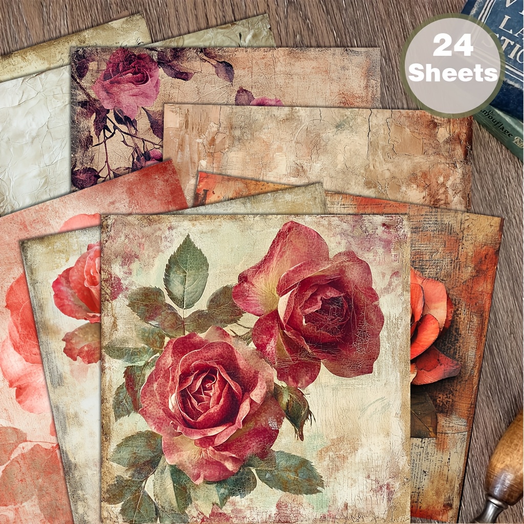 TEMU 24 Fogli di Carta con Rose Invecchiate Adatta per Collage, Origami, Scrapbooking, Journal, Confezioni Regalo e Lavoretti Fai da Te - Fogli 6x6