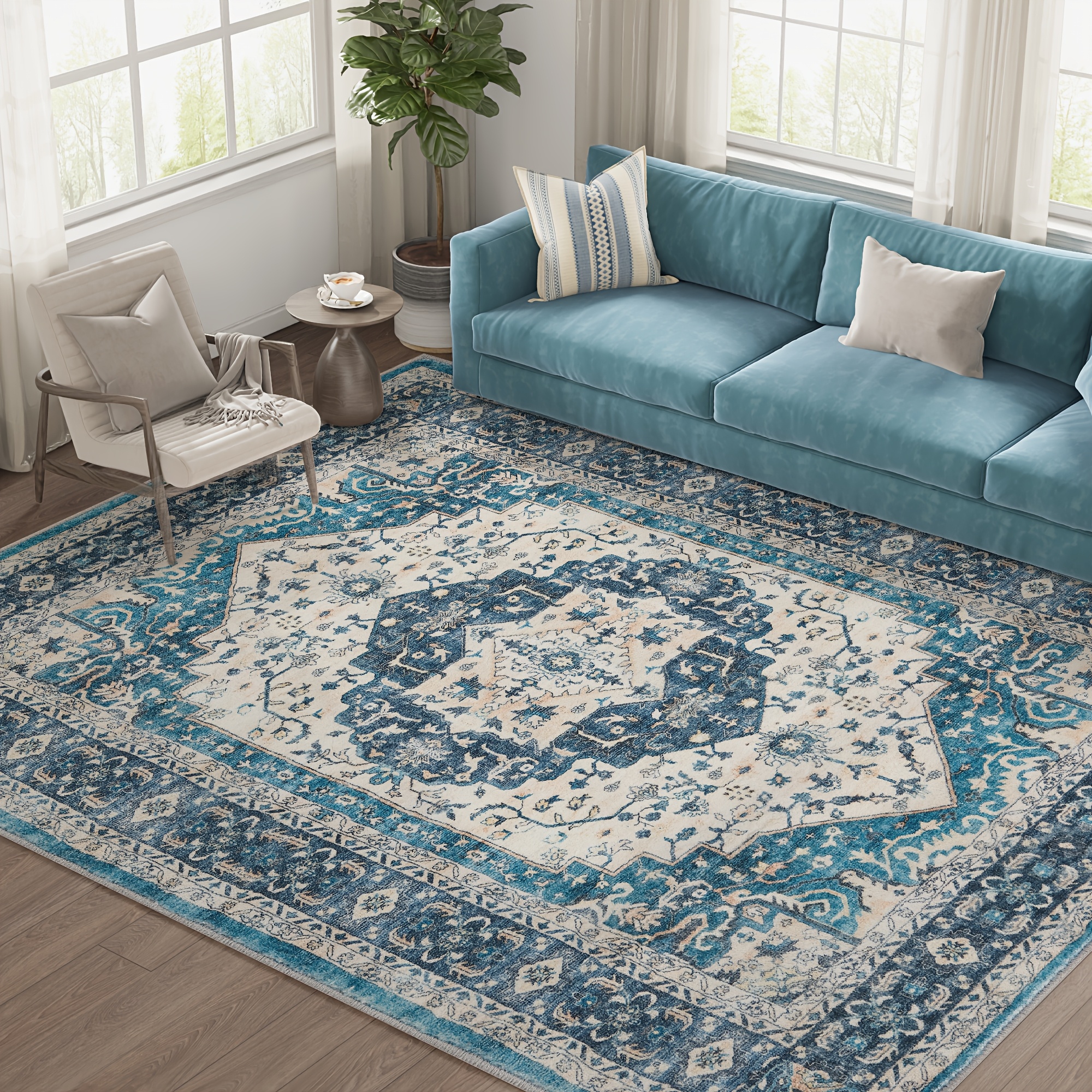 TEMU 1pc Vintage Area Rug, Washable Non-slip Backing Soft Rug With Floral Low Pile Lightweight Rug For Bedroom Living Room Entryway Home Decor