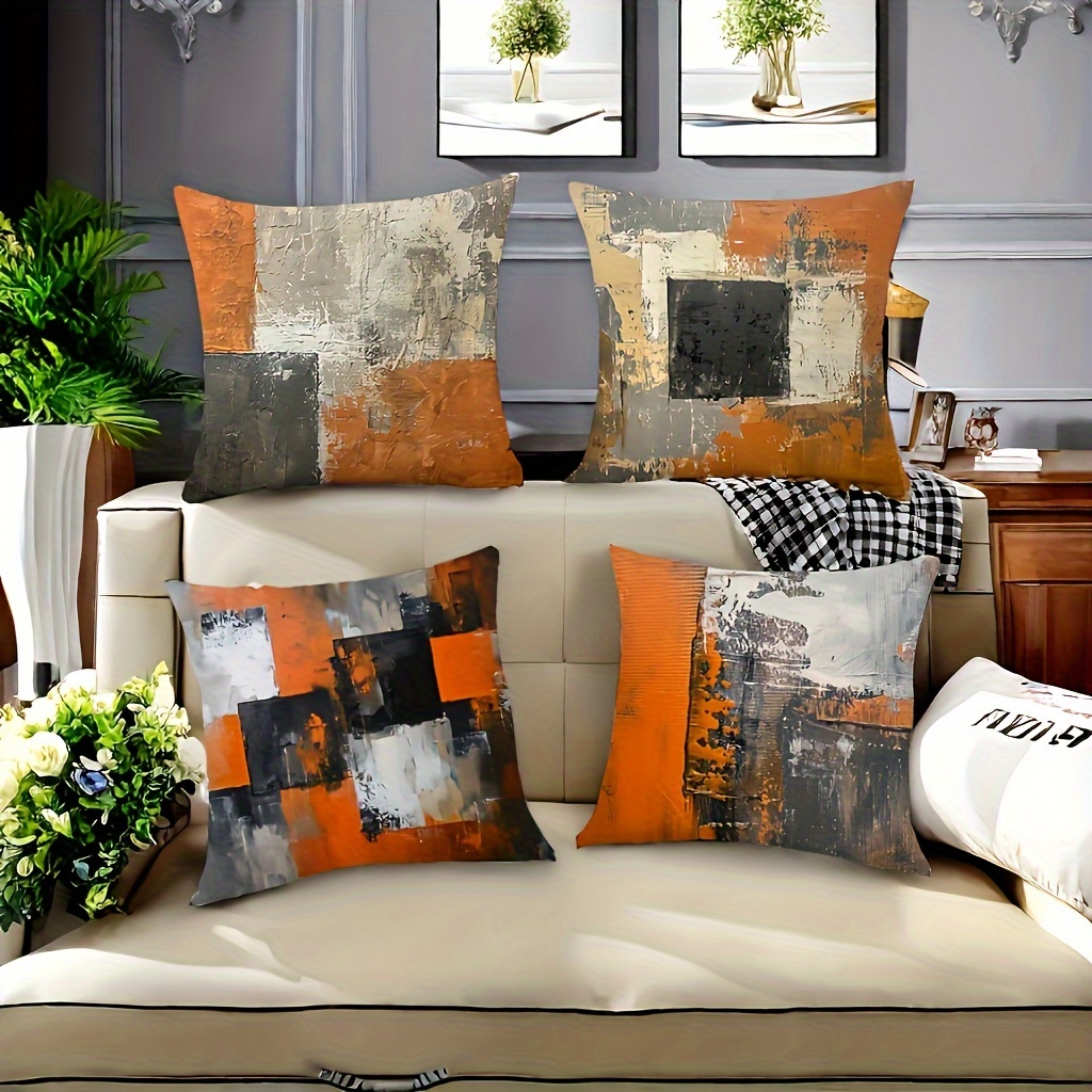 

4-piece Contemporary Geometric Abstract Throw Pillow Covers In Burnt Orange And Grey - Zipper Closure, Machine Washable Polyester Covers For Home, Office, Sofa Decor (inserts Not Included)