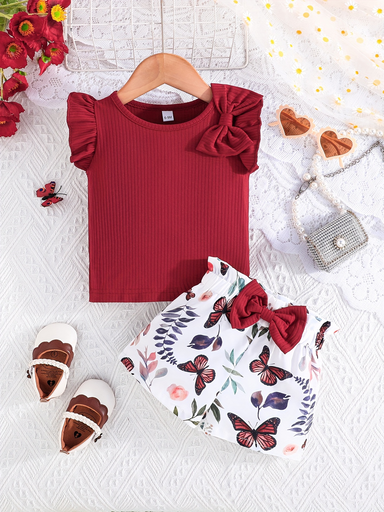 2PCS Baby's Bow Decor Cap Sleeve Top + Cartoon Butterfly Pattern Shorts Toddler & Infant Girl's Clothing Set