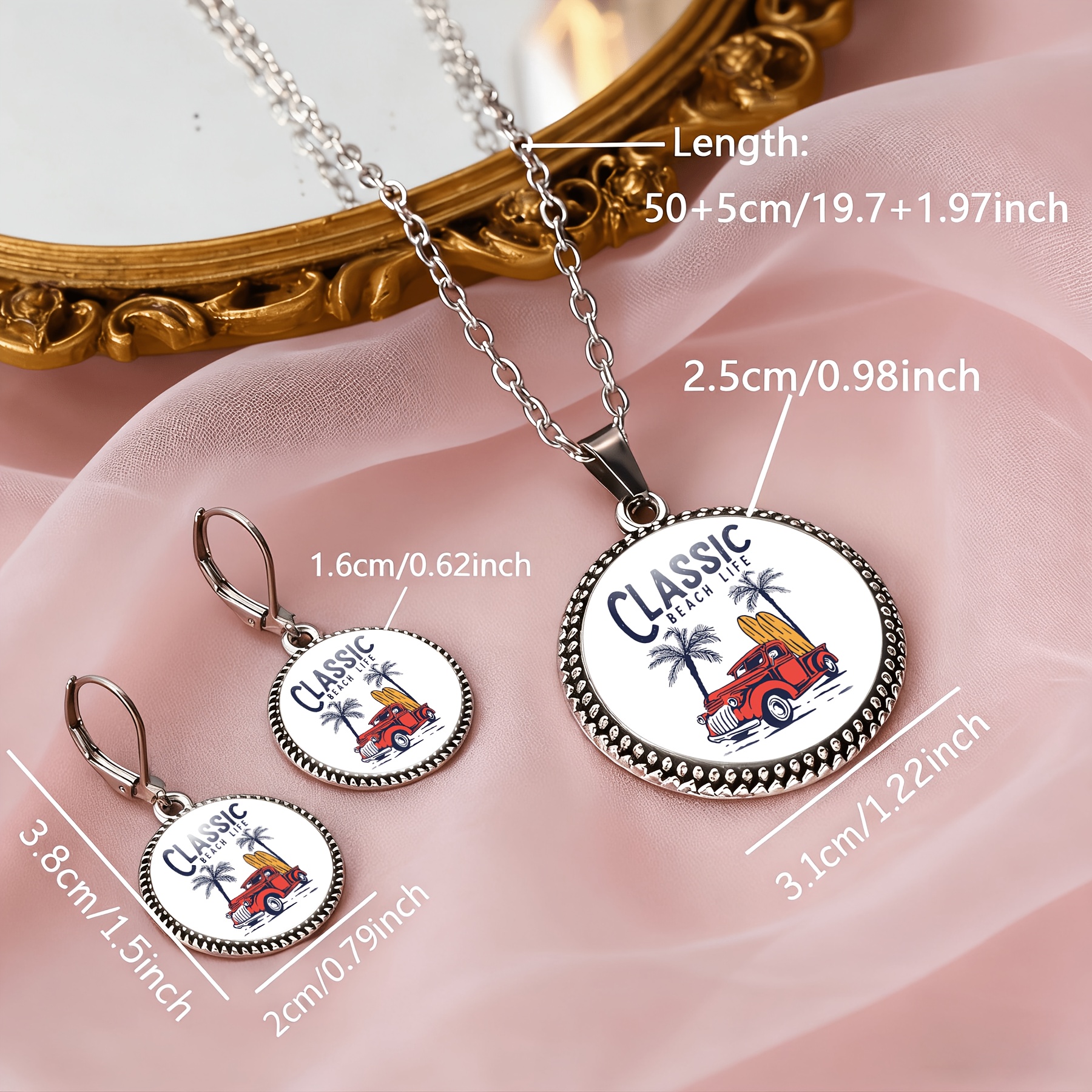 3pc Classic Beach Life Round Glass Base Necklace & Earrings Set