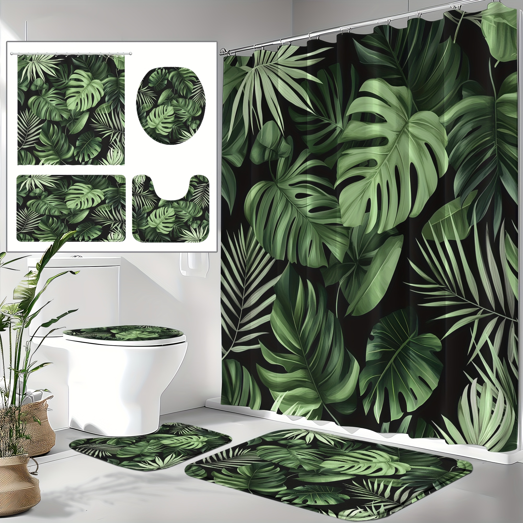 4pcs Curtain Set, Green Bathroom Set With 12 Hooks, Jungle Dark Leaf Home Decor, Non-slip Rugs, Toilet Lid Cover & U-shaped Mat, Machine Washable Bathroom Accessories