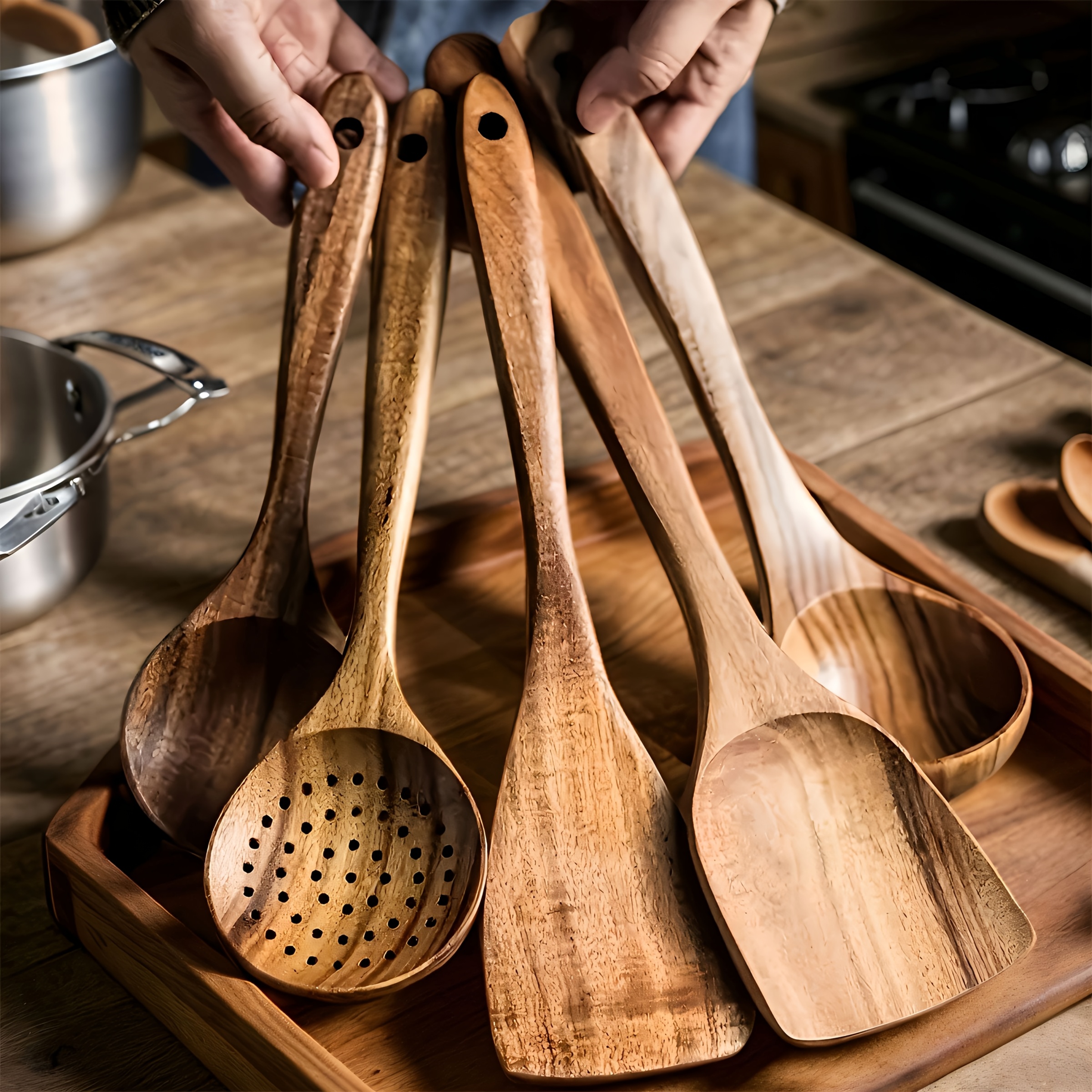 TEMU 3/5/7pcs Premium Wooden Kitchen Utensils Kit -ergonomic Handles Natural Wooden Spoons Ladle And Wok Spatulas Heavy-duty Wooden Utility Set For