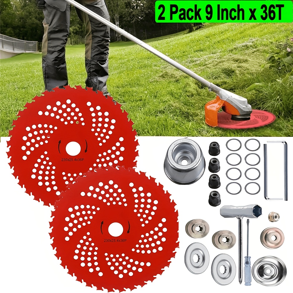 TEMU 2 Pack Weed Blade Attachments, 9"x 36t Carbide Tipped Chainsaw Tooth Cutter Brush With Adapter, Cutting Machine Blade, , For Cordless Brush