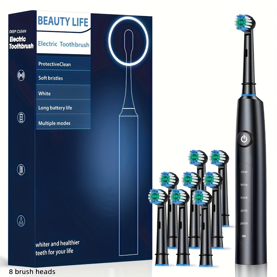 Image of Adult Rotating Electric Toothbrush, Brush Head With 8pcs Replaceable Heads, Deep Cleaning Convenient Set For Home And Travel, Exquisite Gift For , Women's Gift Set