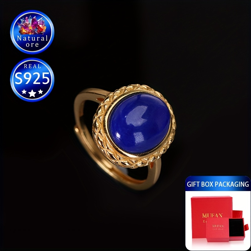 Natural Stone Ring S925 Silver Lapis Lazuli Vintage Gift