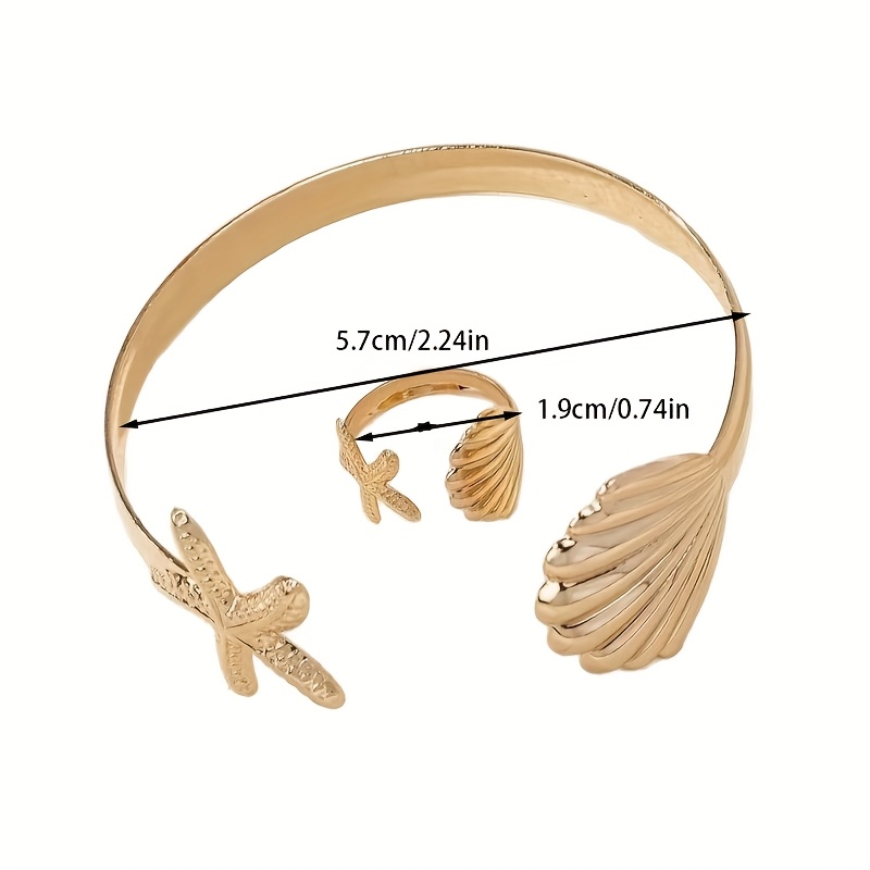 E-shop Ring- Armband-Set, 2-teilig, Schmuckset mit offener Muschel Seestern, Urlaubs- Ozean-Stil, für Partys, Musikfestivals, Feiertage