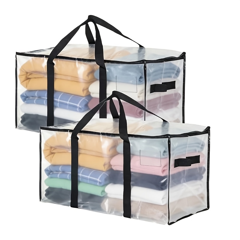 TEMU Lot de 2 sacs de déménagement robustes, imperméables et transparents avec couvercle zippé solide et poignée - Grandes boîtes de rangement