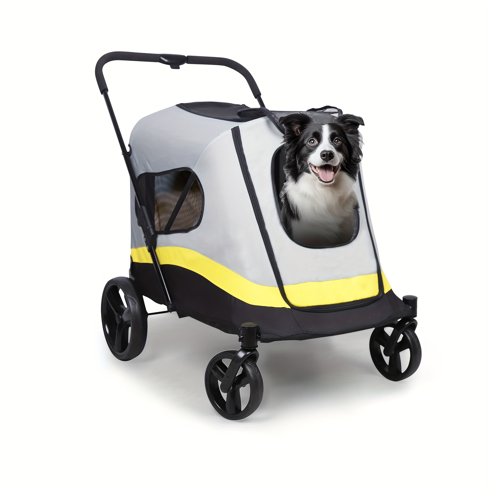 Image of Folding Pet Travel Stroller: Extra For Large Dog Stroller 4 Wheels Pet Stroller For Large Dogs Foldable Pet Jogging Carriage Stroller, Panoramic Sunroof, For Small To For Large Dogs, Rainproof Cover