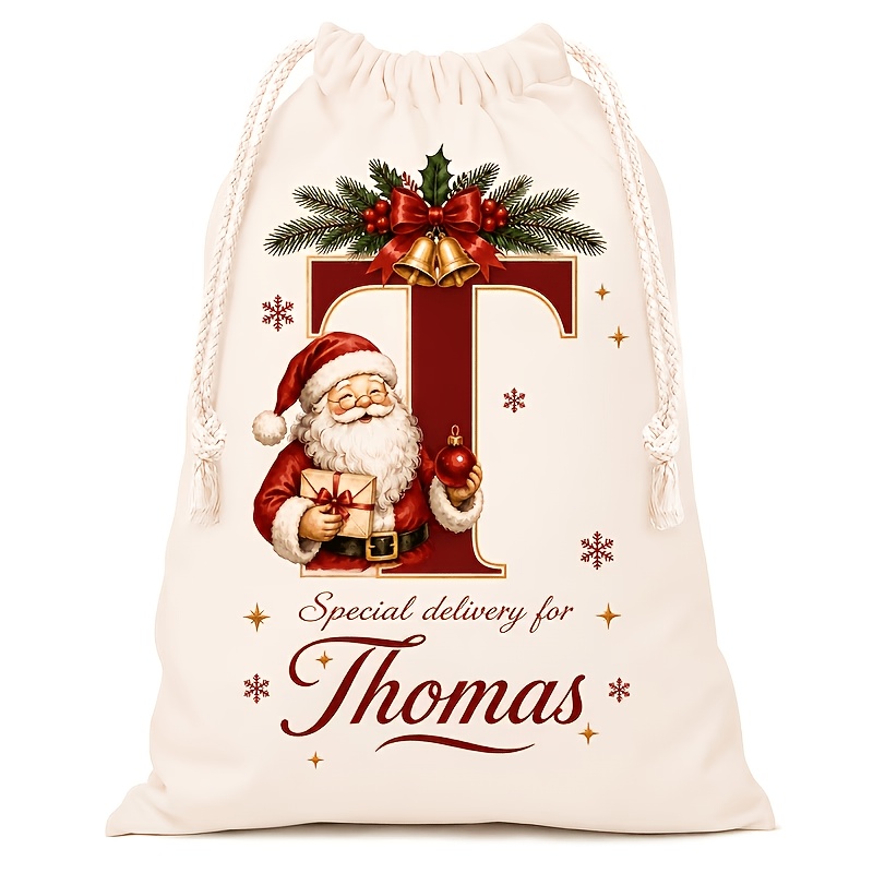TEMU Personalized Initial And Name Christmas Canvas Gift Bag, 26 Initials, Custom Large Santa Claus Patterned Cloth Bag, Personalized Christmas