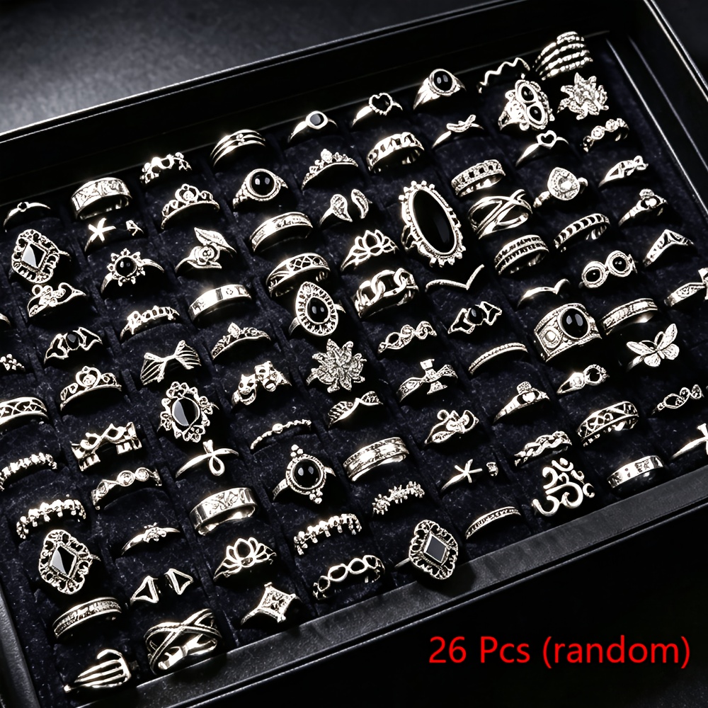 TEMU 26pcs Vintage Bohemian Rings Set, Elegant And Trendy Multi-piece Ring Set For Parties, Vacations, And Daily Wear, Finger Accessories, Fashion
