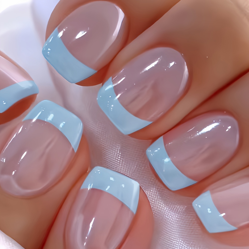 

Elegant 24pcs Press-on Nails Set - Short Square, Blue French Tip With Glitter , Includes Jelly Adhesive & Nail File - Women And Girls