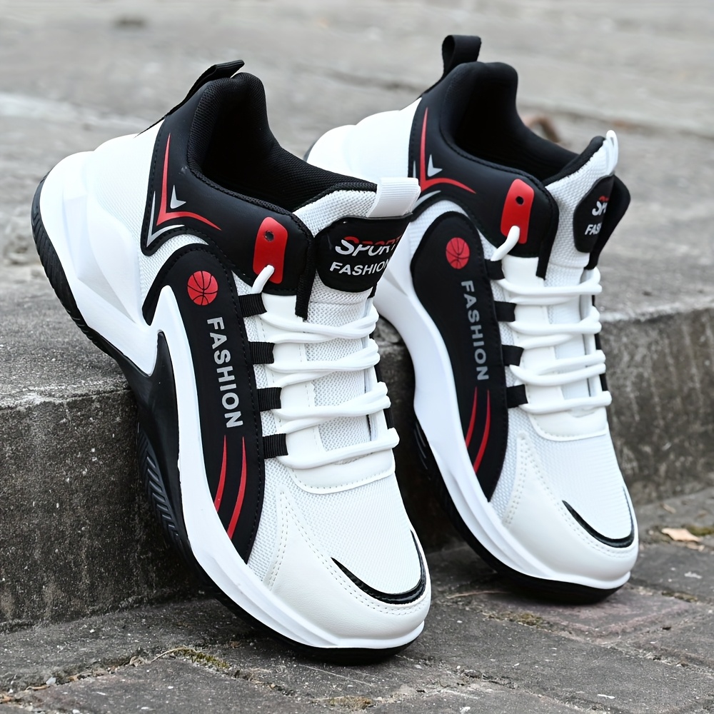 Tenis de basquetbol de caña alta para hombre, ligeros y transpirables con malla, detalles en rojo, cómodos para todas las temporadas, ideales para correr, deportes casuales y al aire libre, equipamiento de basquetbol, diseño deportivo elegante, suela acolchada EVA, estilo deportivo, ajuste cómodo, para un estilo de vida activo
