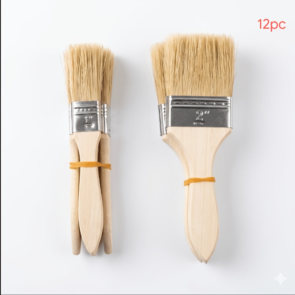 TEMU 12er-Pack flache Pinsel | je 6 Stück von 1,0 Zoll/2,0 Zoll, Holzgriff mit Metallöse – Mehrzweck, geeignet für Kunst, Basteln, Malen, Farbe,