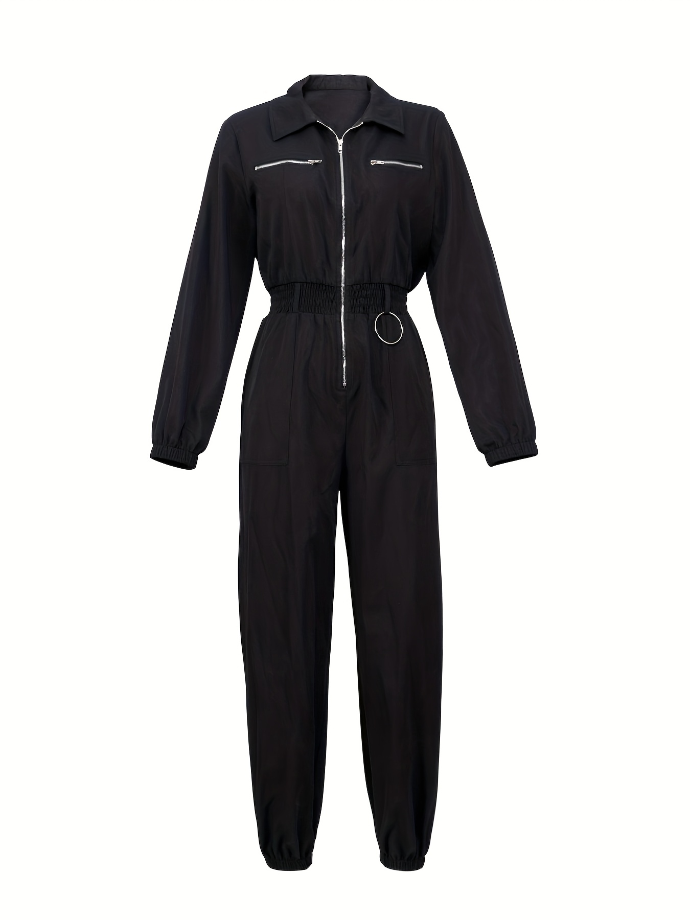 womens elegant solid   up jumpsuit retro style long sleeve high waisted with belt detail machine washable polyester fabric for   poolside fashion vintage   outfit front zipper detail