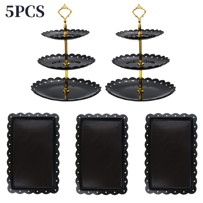 Image of 5pcs Plastic Pp Material Three-tier Cake Stand And Tray Set, Cake Stand, Fruit Tray, Serving Tray, Dessert Plate, Ideal For Birthdays, Parties, Weddings, , And Buffets, Perfect For Christmas