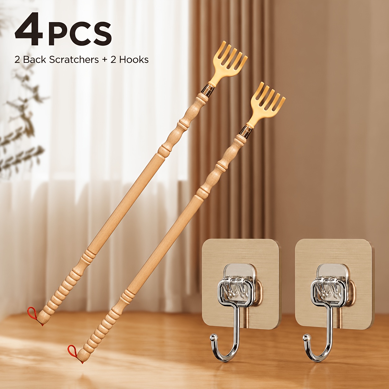 TEMU 4pcs Wooden Back Scratcher Set, 2 Long Handle Manual Back Scratchers And 2 No-drill Adhesive Hooks, Extended Scratching Tools With Comfortable