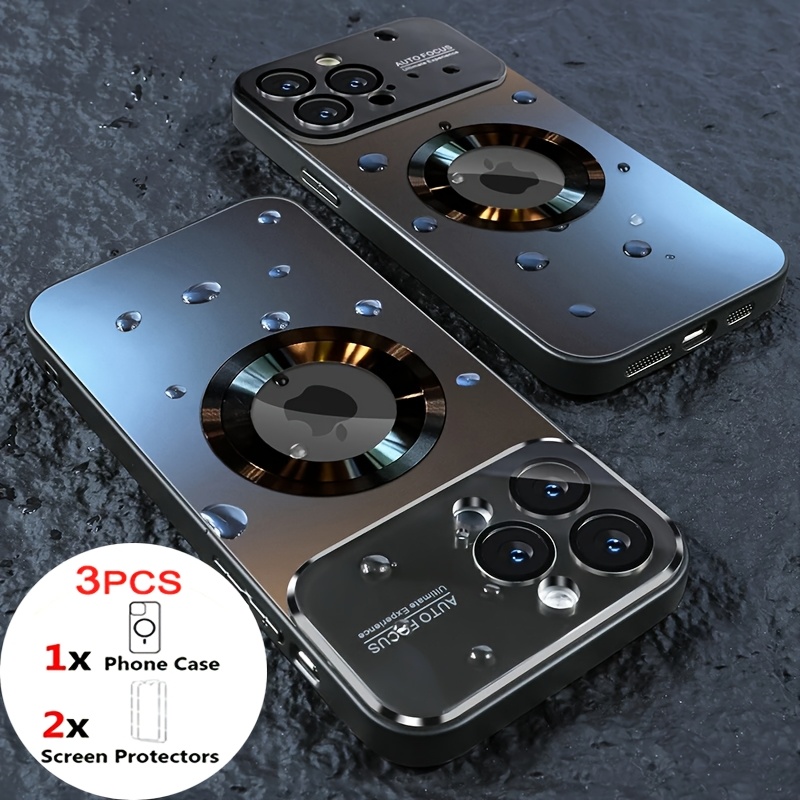 TEMU Phone Case - 3pcs Set [1 Phone Case + 2 Screen Protectors] Luxury Glass Window Magnetic Wireless Charging Phone Case Compatible With For Iphone
