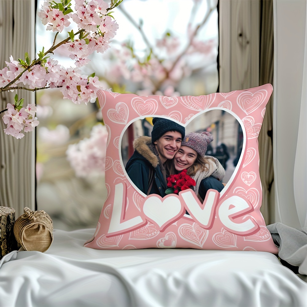 

1pc Personalized Pink Heart Love Photo Throw Pillow Cover, Super Soft Short Plush Custom Couple Decor Cushion Cover, Ideal Valentine's Gift For Her, Anniversary Birthday Decorative Pillowcase