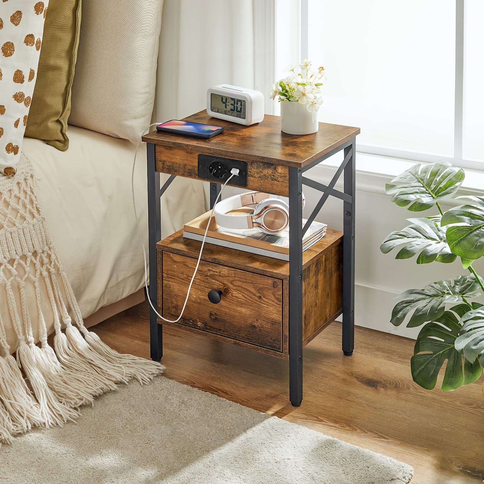 Image of Nightbed With Charging Station, Side Table With Drawers, Bedside Table With Usb Port And Power Socket, Suitable For Space In Bedroom With Dressing Table, Black