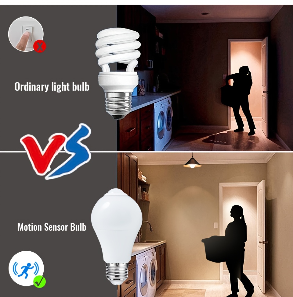 Zestaw 4 Sztuk Żarówek z Czujnikiem Ruchu, Automatyczne Włączanie od Zmierzchu do Świtu, Łatwa Instalacja, 9W AC175-265V, Nocna Lampa do Wnętrz, Idealne na Balkon i Łazienkę jako Zamiennik Żarówki Szklanej