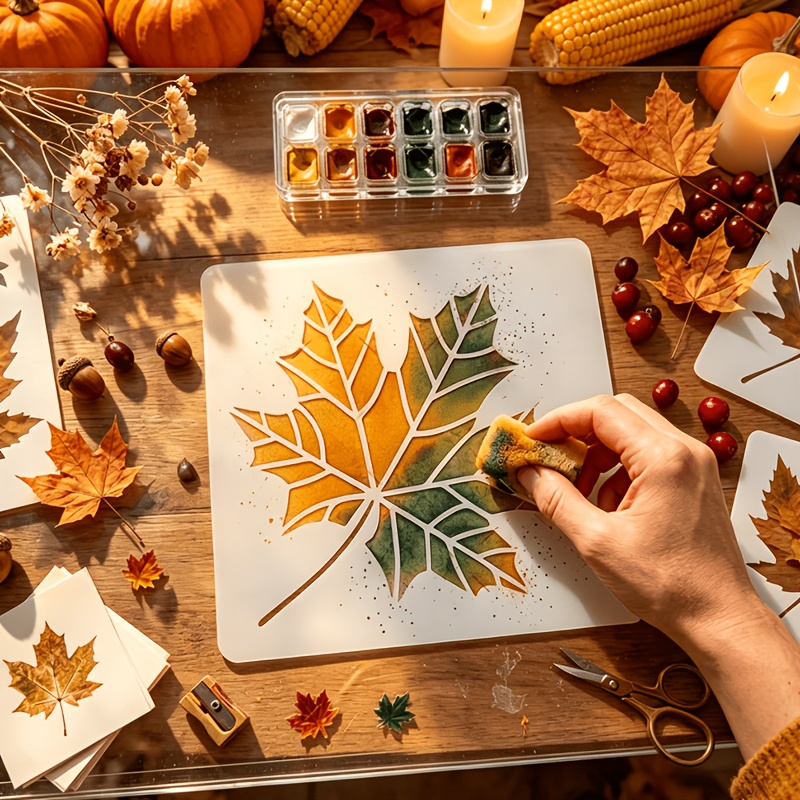 TEMU 4pcs Set Maple Leaf Stencils Fall Leaf Painting Templates For Diy Crafts Reusable Plastic Botanicalstencils For Painting On Canvas Paper Wall