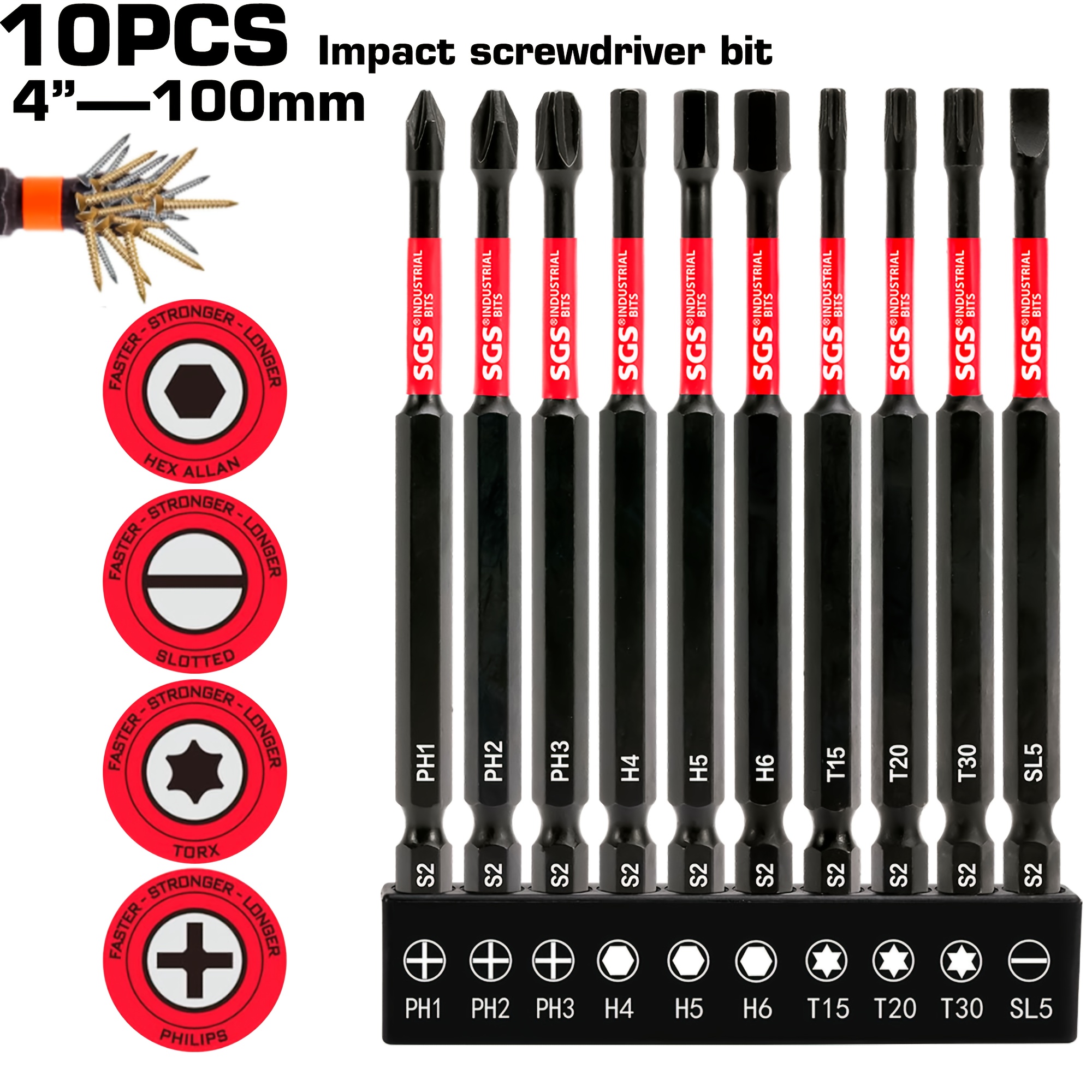 TEMU 10pcs Extended Cross, Flat, And Torx Hex Bit Mixed Set, 100mm/3.94inch, Strong Magnetic Anti-slip S2 Steel, For Home Furniture Repair And