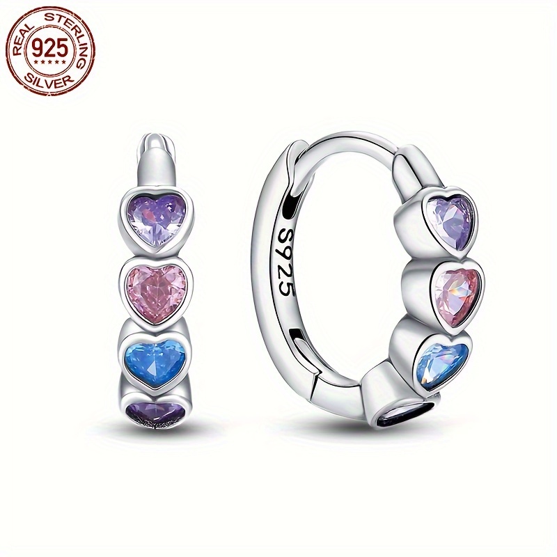 TEMU 925 Sterling Silver Original Hoop Earrings Colored Zirconia Geometric Color Love Earrings Design Hypoallergenic Ear Jewelry Gifts For Women Hot