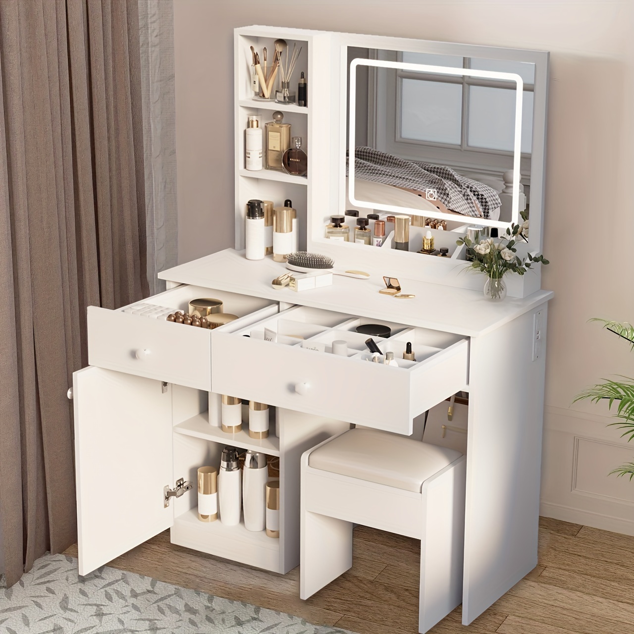 TEMU Single Vanity Table With Solid Material, Large Storage Drawers And Shelf, Comfortable Sponge Seat For Teens & Adults, Led Adjustable Mirror Light For Home Makeup Room Or Bedroom