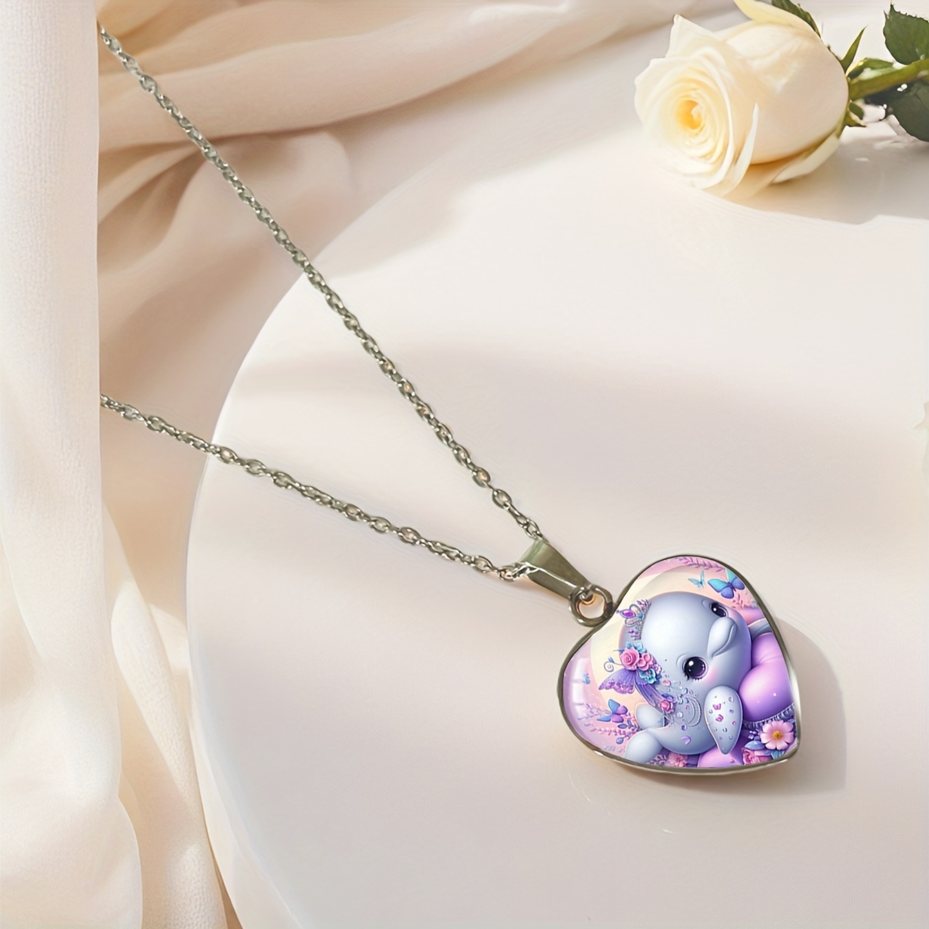 Dolphin and Butterfly Heart Shape Pendant Necklace, Unisex