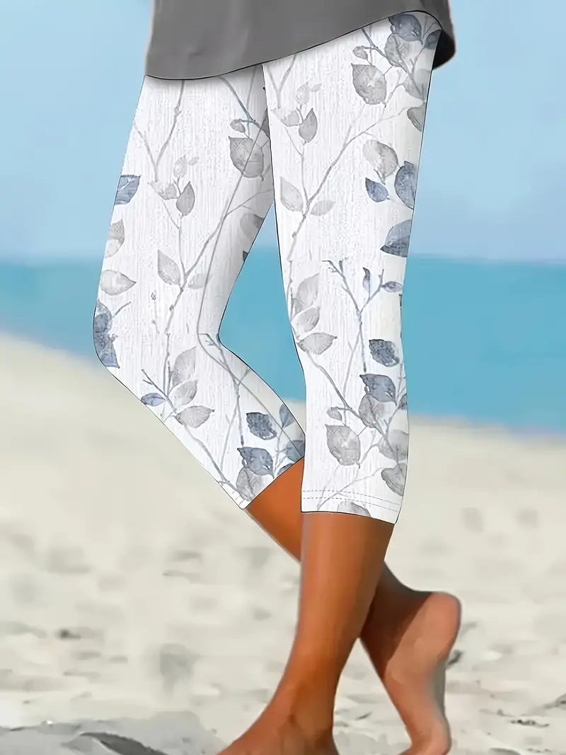 Women's Floral Print Capri Leggings 7/8 Length Pants, Breathable Machine-Washable Fabric for Spring/Summer, Casual Beach Wear, Beach Pants,