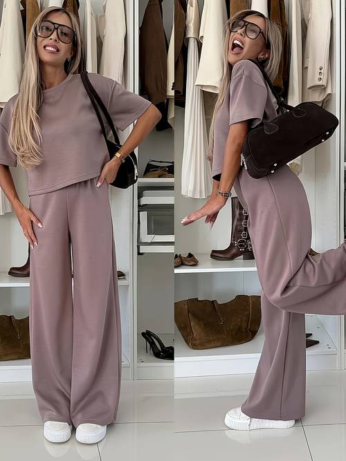 womens outfit set soft fabric relaxed cooling short sleeve wide leg pants ensemble casual wear