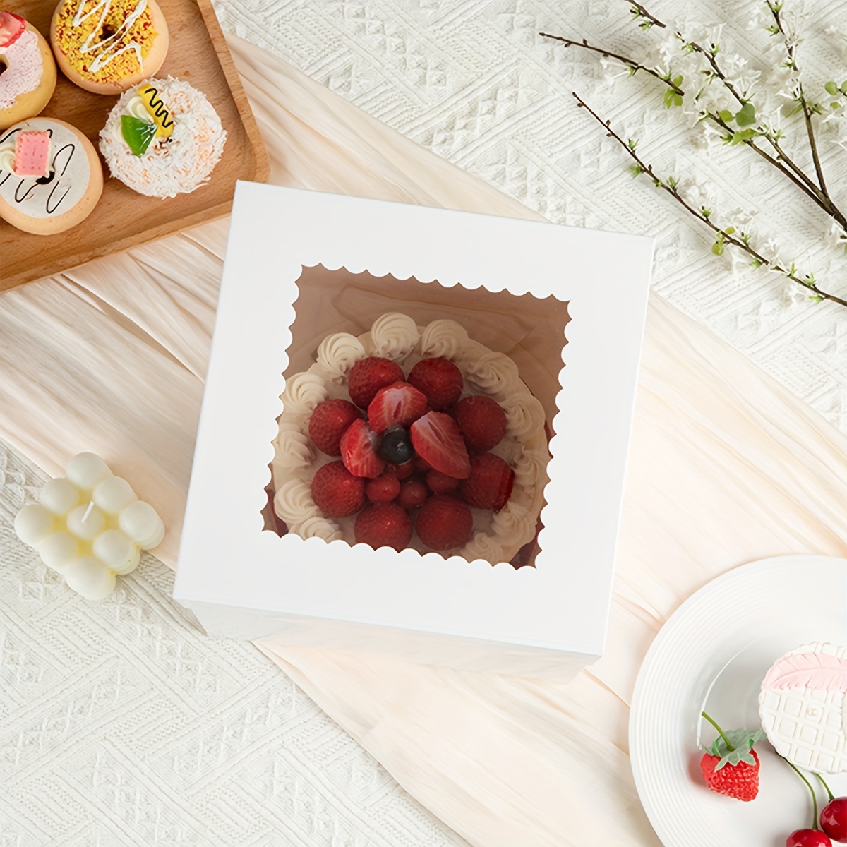 15pcs White Cake Boxes with Clear Window, Disposable Bakery Boxes