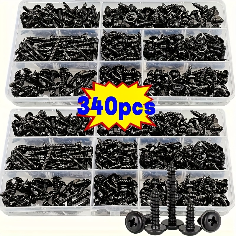 Juego de 340 Piezas de Tornillos Autorroscantes - M3/M4/M3.5/M4.8, Cabeza Plana Phillips, Acero al Carbono , Adecuado para Muebles de Madera