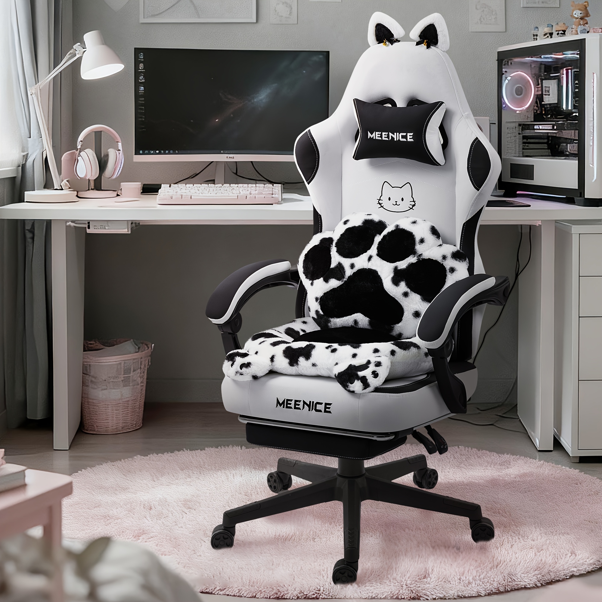 TEMU Sedia da ufficio rosa, a forma di orecchie con schienale a - Sedia ergonomica reclinabile per computer, con poggiapiedi regolabile, portata 300