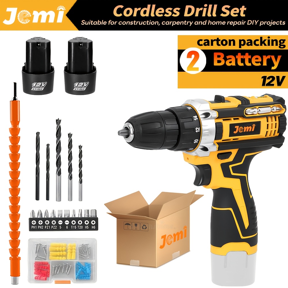 Jemi Tool 12v/21v Drill Kit, 1/2 Battery, 18+1/25+3 Torque Settings With Led Light, 45 Additions Combination Optional, Equipped With Portable Plastic Box, Suitable For
