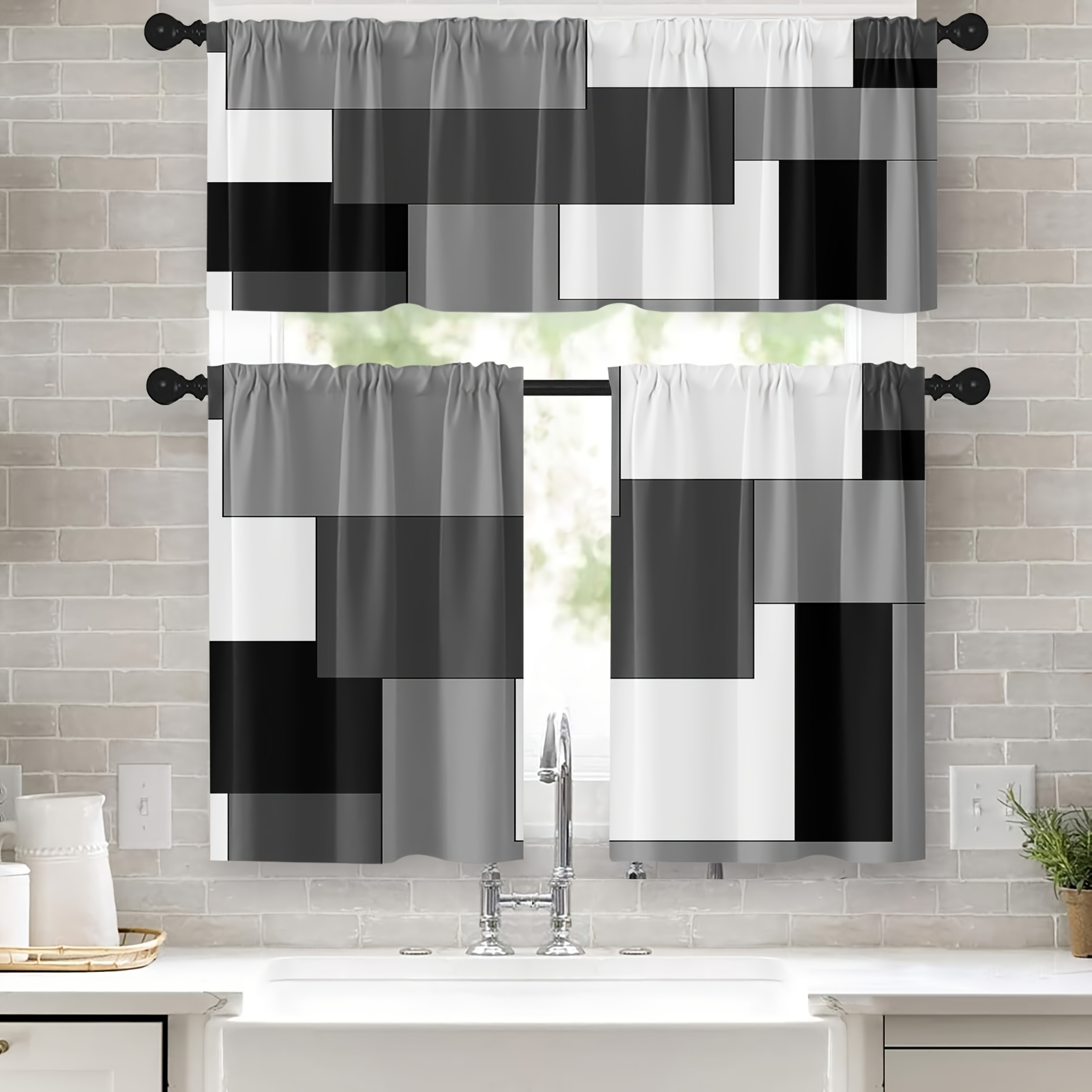 TEMU 3pcs Black Grey Kitchen Window Curtains Valance And Tier Set 36 Inch, Dark Grey White Modern Rod Pocket Short Tier Curtain For Bathroom, Abstract Small Cafe Drapes For Kitchen Decor