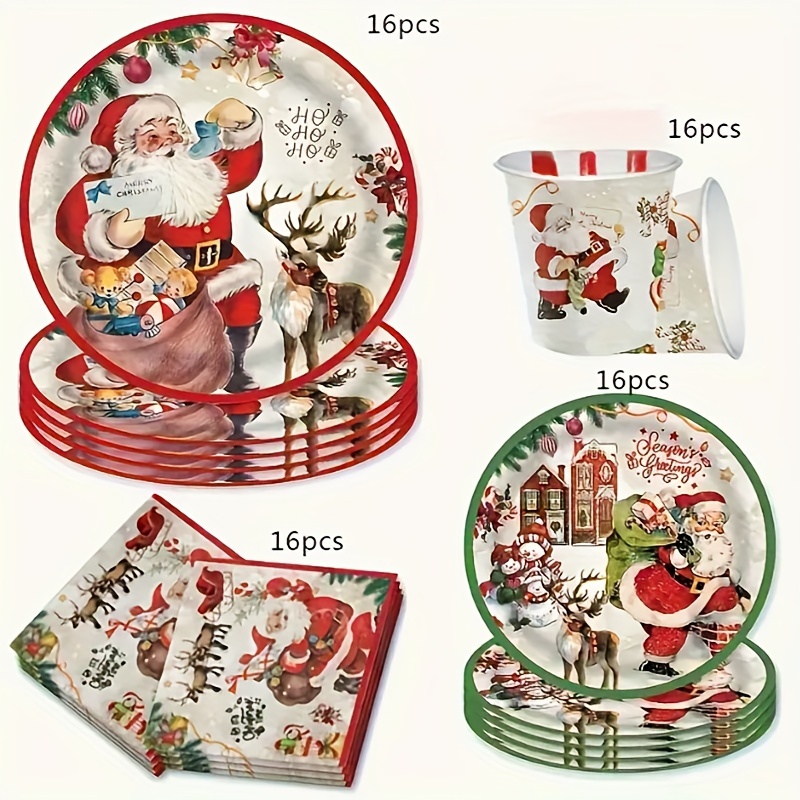 

64pcs Christmas New Year Party Decoration Santa Claus Party Set Disposable Paper Towel Paper Cup