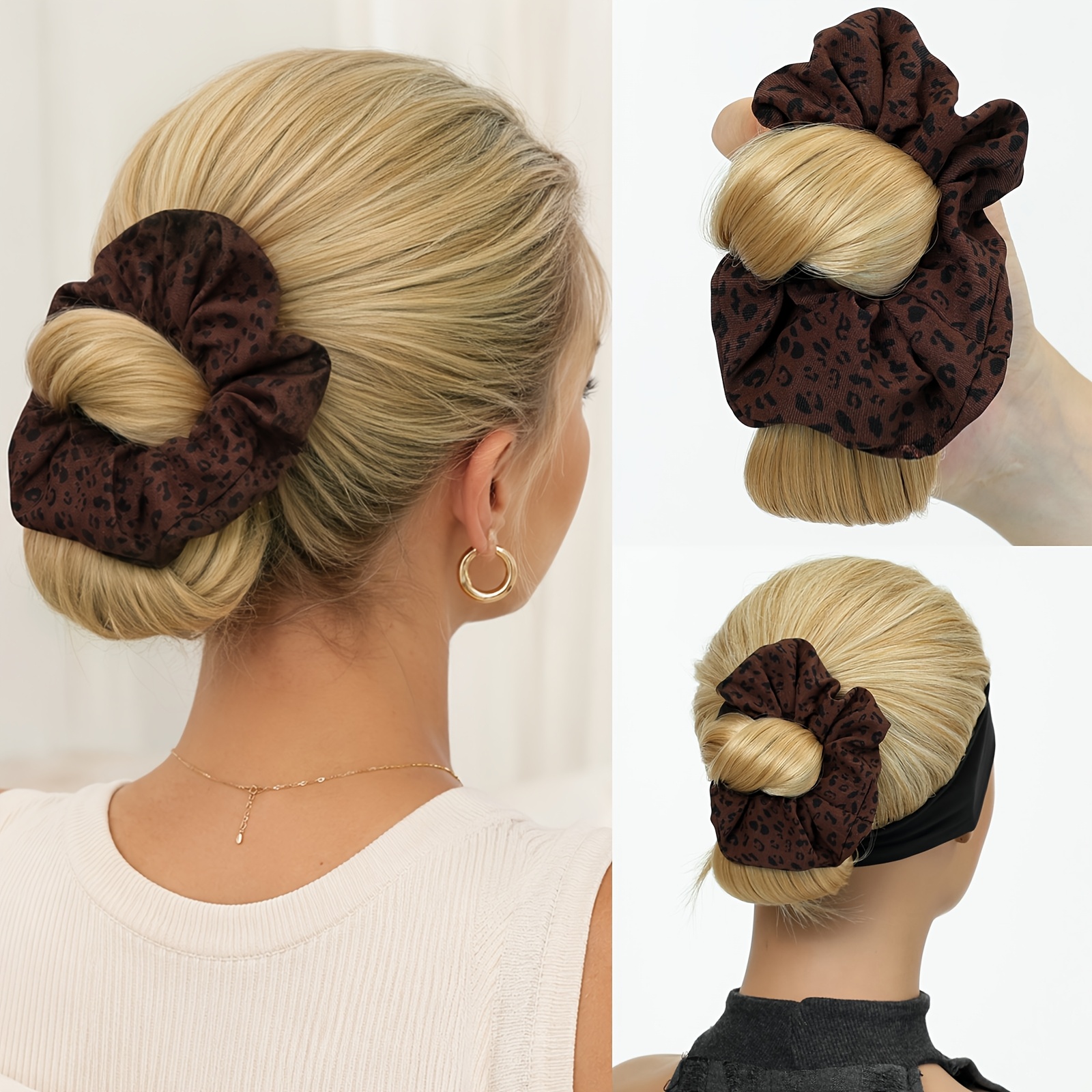 Image of Dark Brown Leopard Print Messy Bun Hairpiece Suitable For , Clip-on Low Bun Wig With Natural Looking Synthetic Hair Extension, Hairpiece For Daily Use, Parties, Weddings, Suitable For