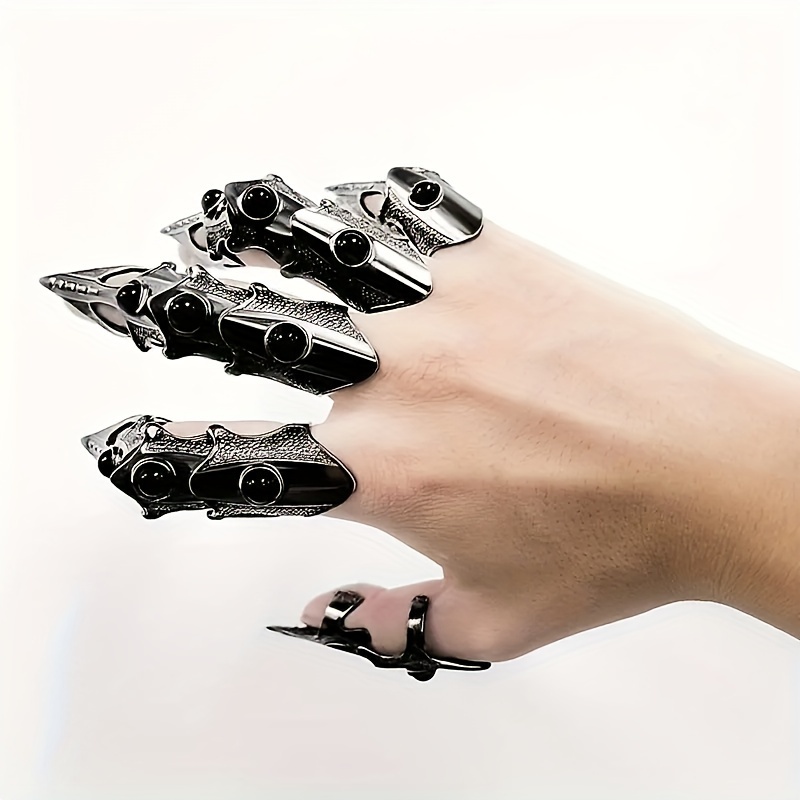 TEMU 5pcs Black Double Ring Goth Full Finger Ring "" Claw Rings Victorian Jewelry Halloween Ring Vampire Jewels Wicca Double Ring