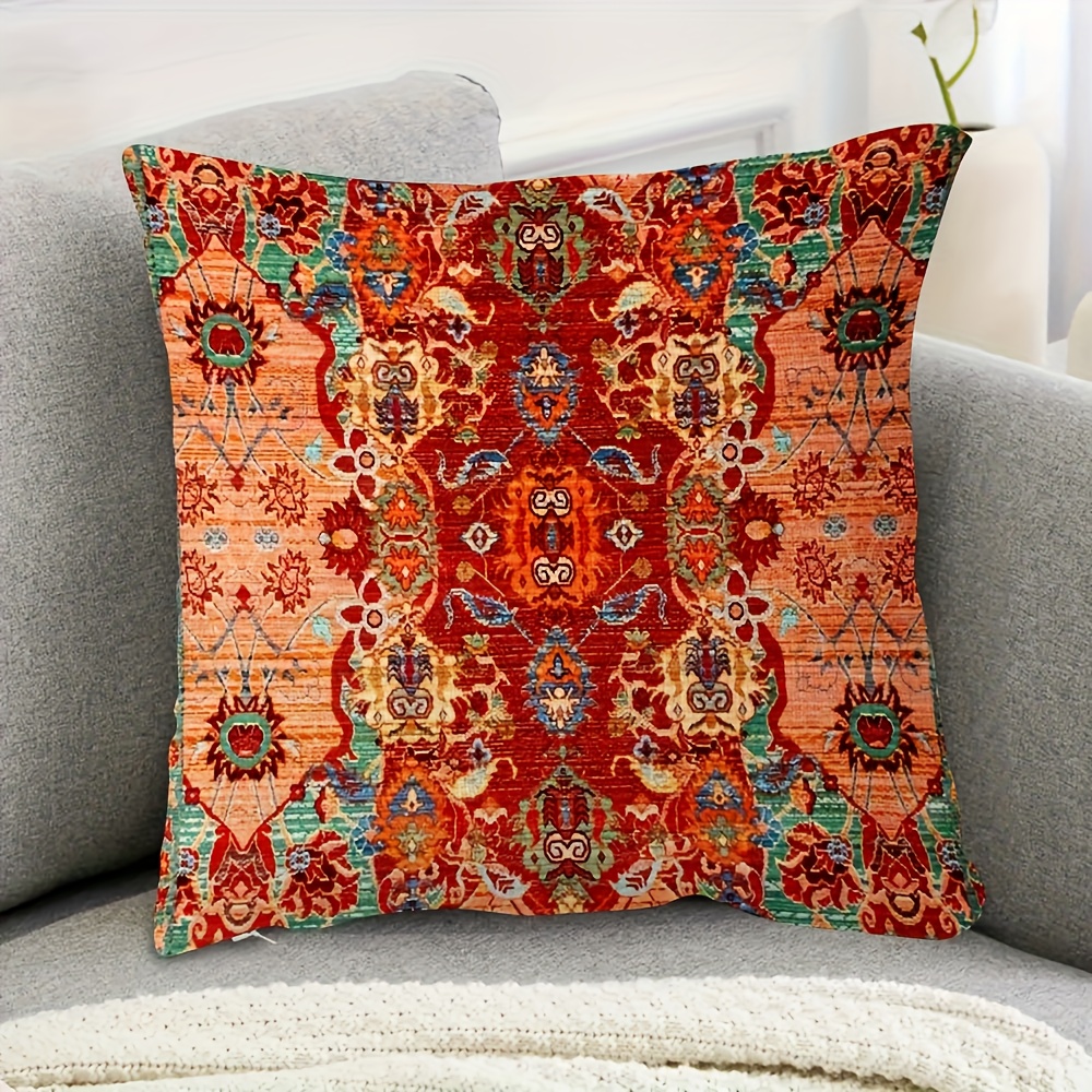 TEMU 1pc Vibrant Bohemian Moroccan Pillow Cover - Short Plush, Double-sided Print, 18x18 Inches, Machine Washable, Zipper Closure - Decorating Sofas,