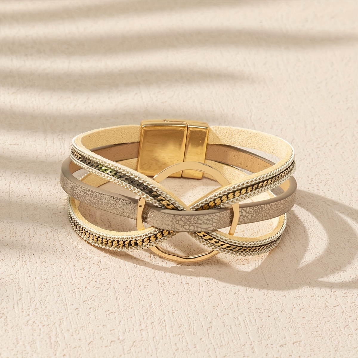 Minimalist PU Leather Bracelet with Circles, Magnetic Closure