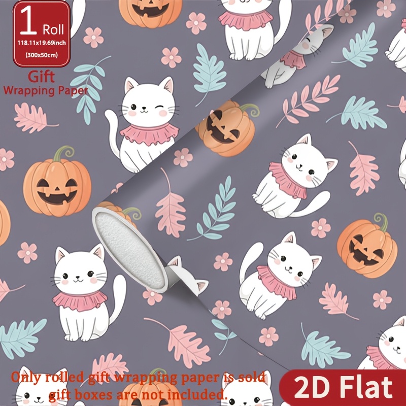 item picture 1 roll 2d flat halloween cute illustration wrapping paper gift glossy paper gray background cartoon flat shading cat with scarf pumpkin lantern and leaf pattern 118 11 x 19 69 inches suitable for birthday gifts   holidays