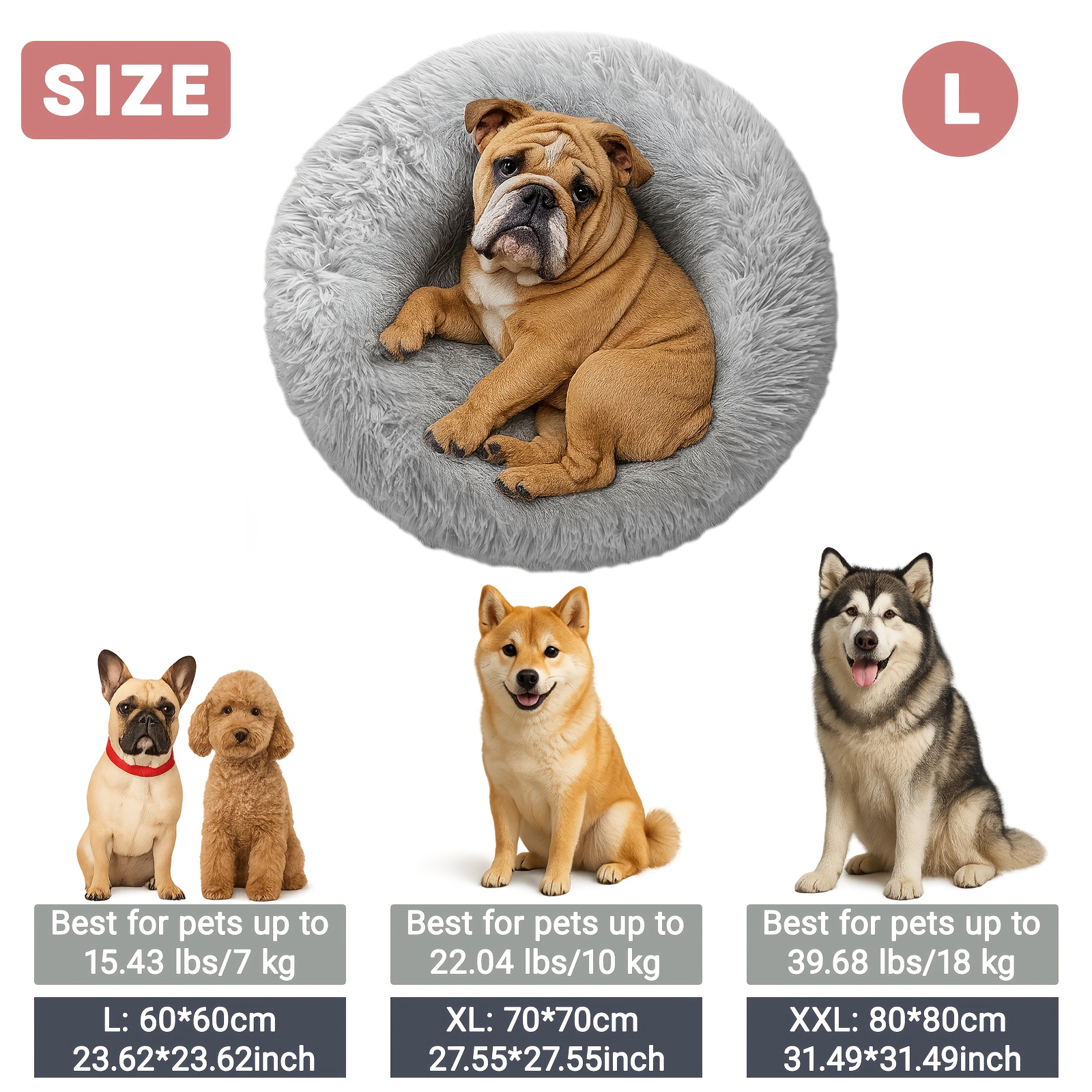 TEMU Thickened Large Size Round Long Plush Dog Bed Cat Bed Pet Bed, 40cm-100cm Dog Bed, Non-slip Base, Made Of Faux Fur, Warm, And Plush Cushions.