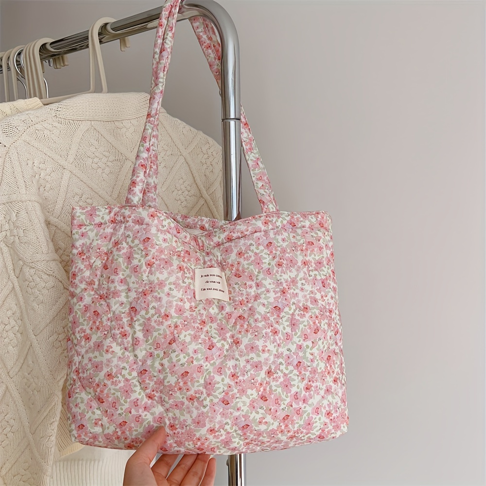 

Floral Puffer Quilted Tote Bag, Aesthetic Shoulder Bag, Sweet Cute Handbag For Women