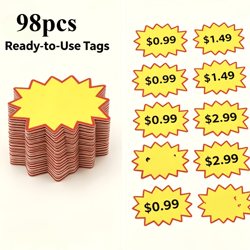 TEMU 98 stuks Starburst prijstikjes, 2.75X1.97 inch geel-rode rand beschrijfbare prijsborden, reclameetiketten voor detailhandel, supermarkten en