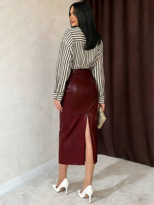 autumn winter vintage burgundy high waist skirt fit with front slit length bodycon pencil skirt