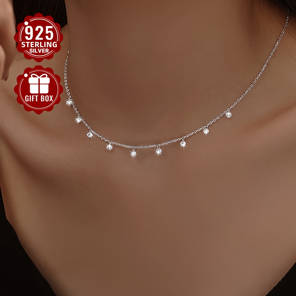 

A 1pc S925 Silver Necklace Inlaid With Synthetic Zirconia, A Delicate Collarbone Chain For Women That Sparkles And Is Suitable For Travel And , Hypoallergenic (approximately 1.7g).